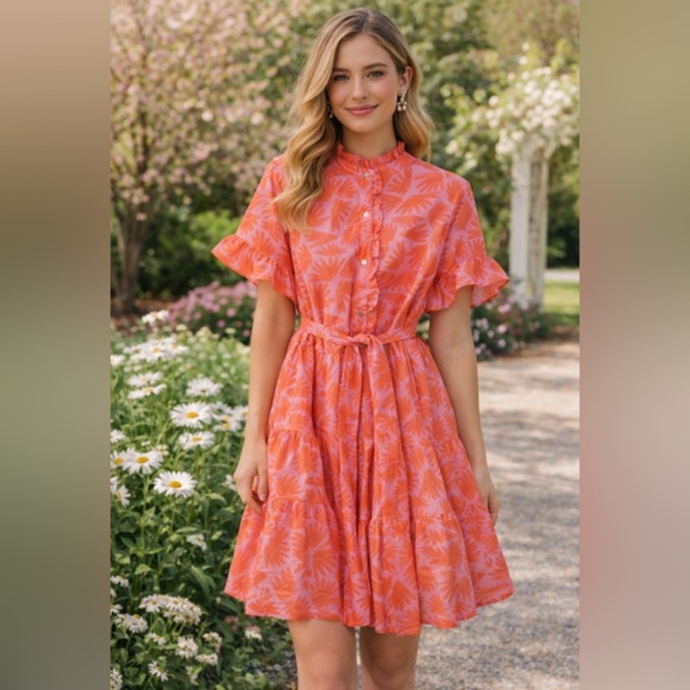 J. Marie Pink Coral Floral Ruffle Mini Dress Tie Waist Tiered Size S
